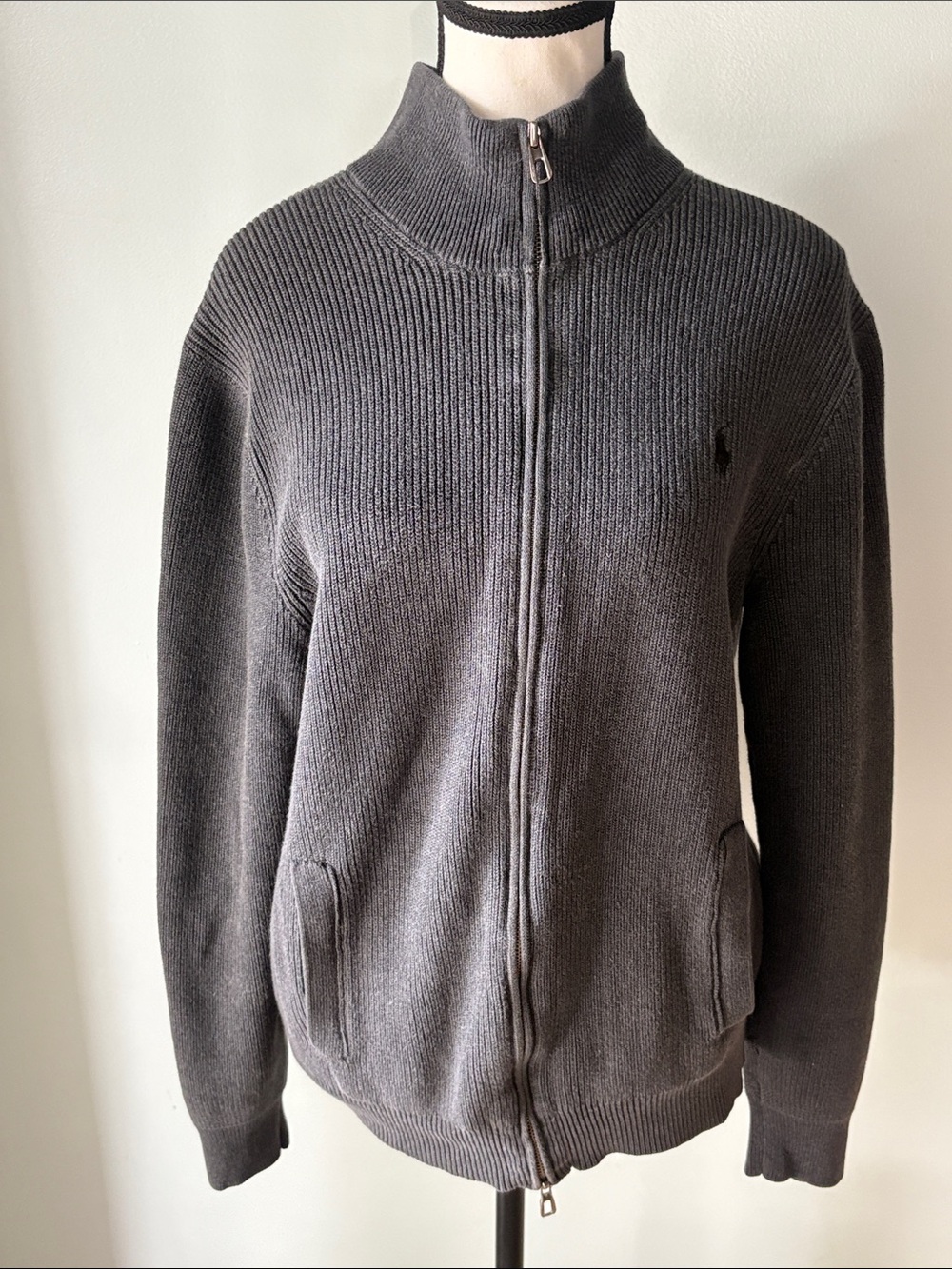 Ralph Lauren Men's Charcoal/Gray Ribbed Knit, Full-Zip Sweater & Mock Neck/Sz-Lg